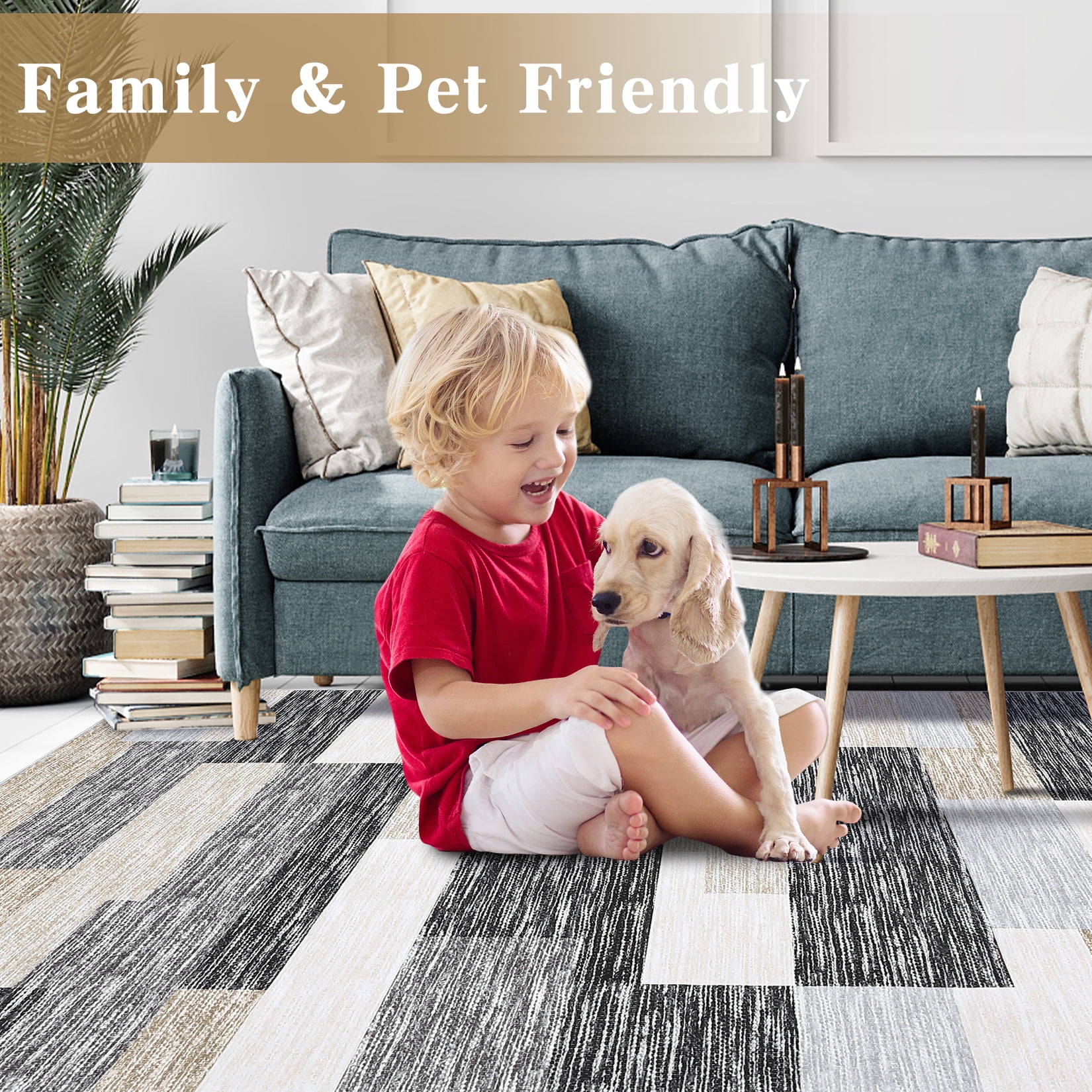 Garvee 9' x 12' Area Rug Washable Rugs Modern Geometric Rug Indoor Soft Foldable Accent Carpet for Living Room Bedroom, Gray Camel