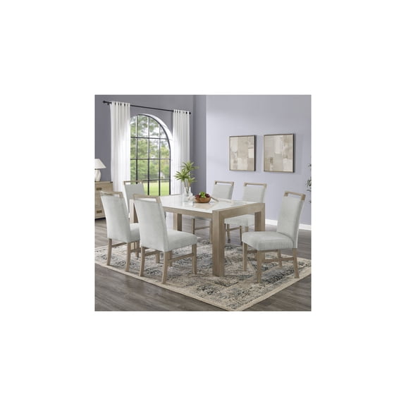 Tabitha 7Pc 66"W Rect White Faux Marble Top Dining Set in Light Oak Wood Finish