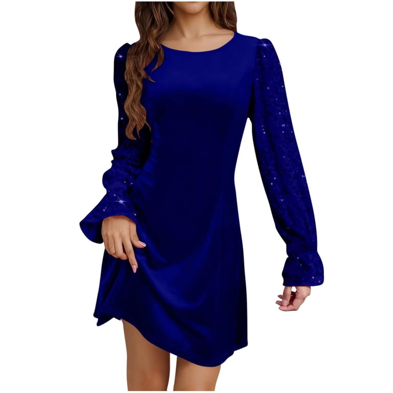 Sakuhu Holiday Dress Holiday Dresses Sequin Dress for Women Formal Sequin Velvet Mini Dress for Women Trendy Long Sleeve A Line Sparkly Trendy U-