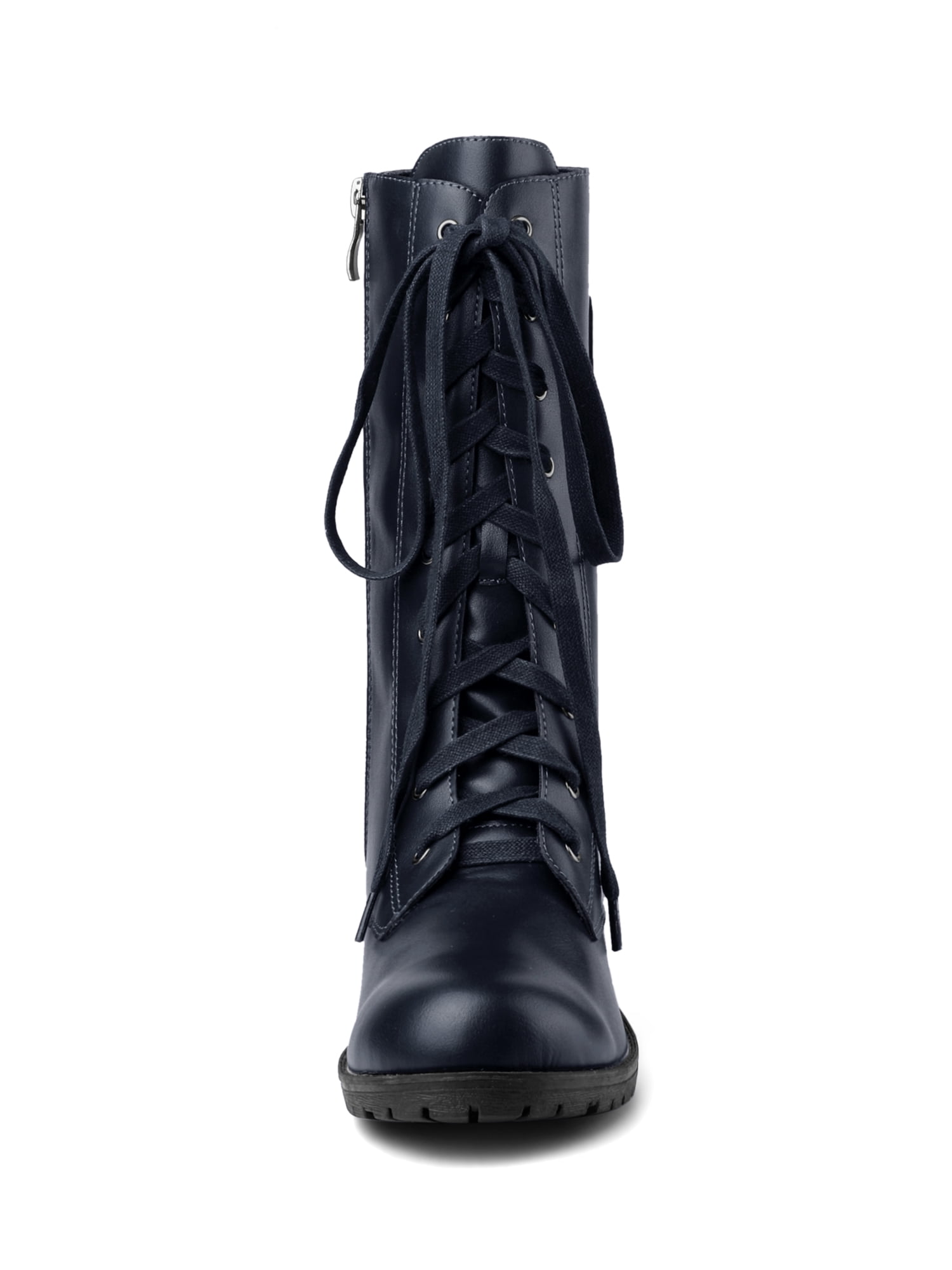 Women's Double Buckle Side Zip Lace Up Mid Calf Boots Blue (Size 9) Women's Double Buckle Side Zip Lace Up Mid Calf Boots Blue (Size 9)