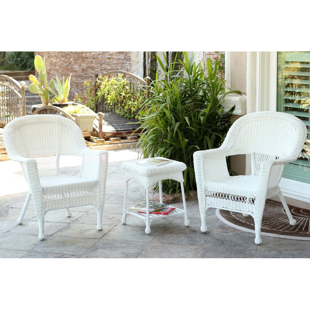 3-Piece White Resin Wicker Patio Chairs and End Table Furniture Set