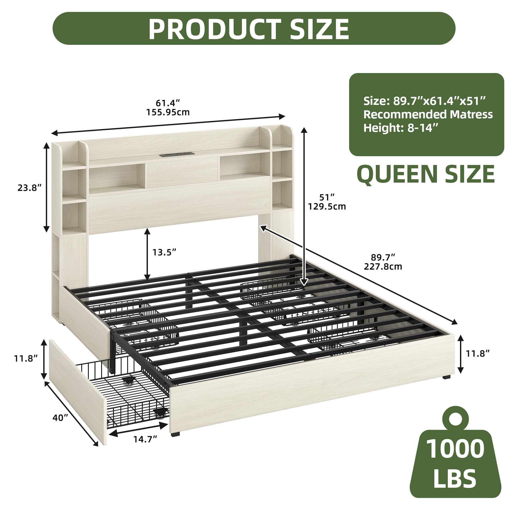 Uforic Queen Size Bed Frame with LED Lights & Bookshelf Headboard, Platform Bed Frame with Charging Station & Drawers, White