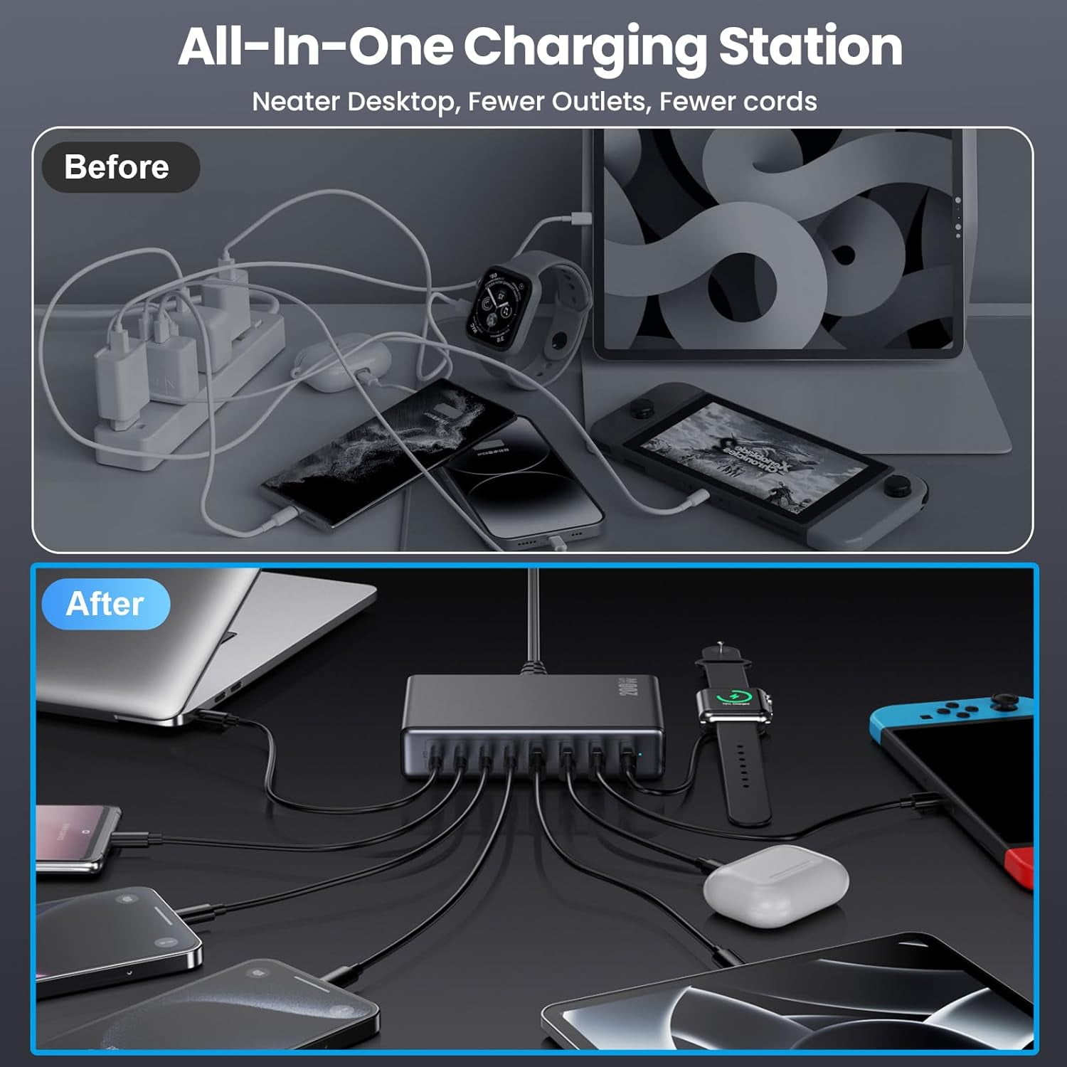 200W USB-C Charging Block, GaN IV 8-Port Charging Station, QC4.0 Fast Charging Station Hub+PD 65W USB C Laptop Charging Adapter, Compatible with MacBook Air/Pro, Dell, iPhone 17/16/15, iPad