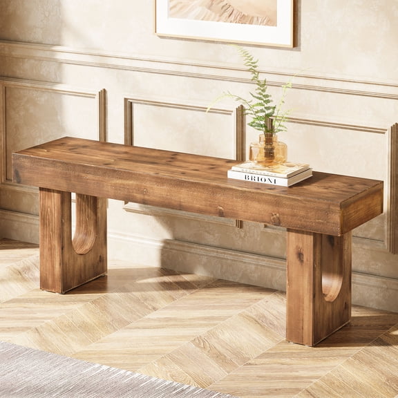 Finmind 47 inch Solid Wood Entryway Bench, Indoor Farmhouse Wood Shoe Bench for 1-2 People, Narrow End of Bed Stool for Entrance, Living Room, Hallway, Brown