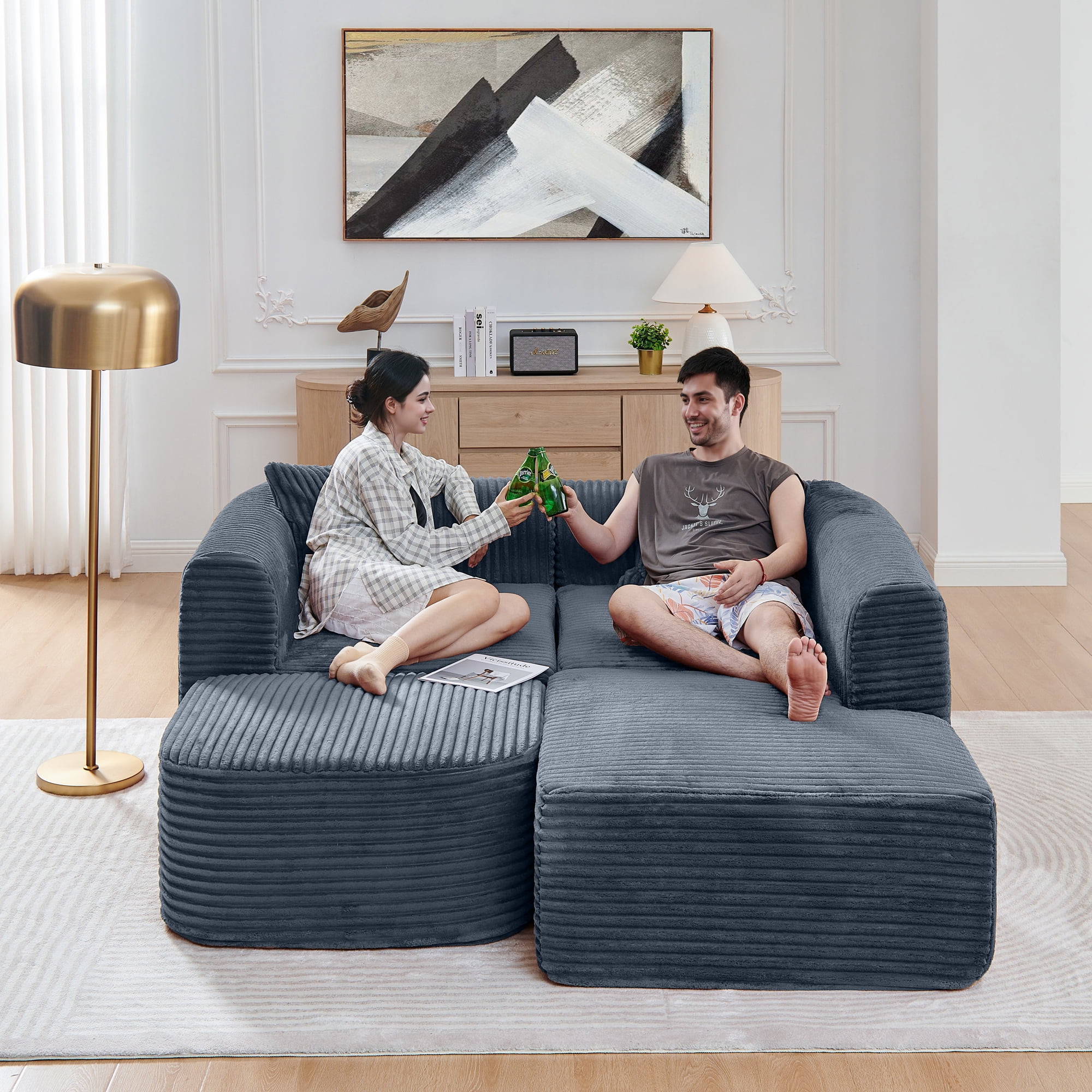 Leumius 114" Cloud Sectional Couch with L-Shape Chaise,Upholstered Corduroy Modular Sofa with Movable Ottoman for Living Room Bedroom, No Assembly Required,Grey