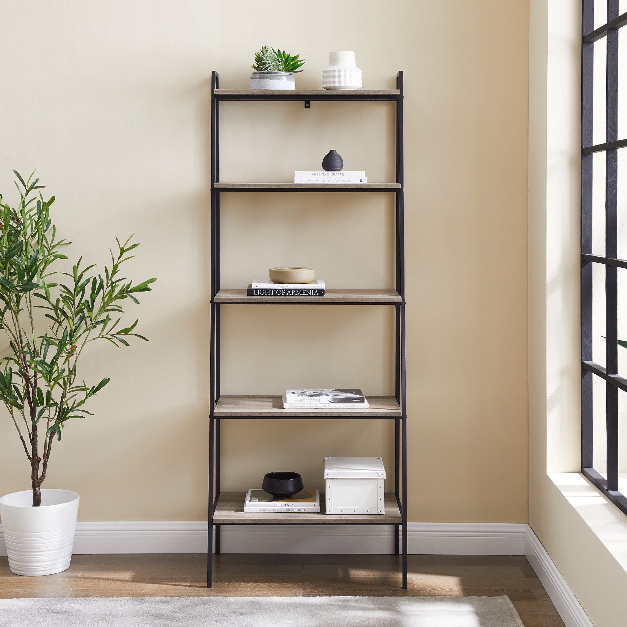 Walker Edison Urban Industrial 5-Shelf Ladder Bookcase, Grey Wash