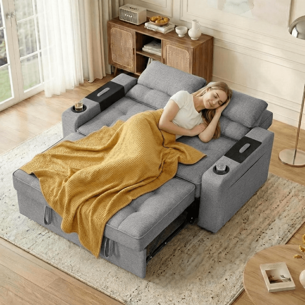 58" Convertible Sofa Bed Pull Out Couch Sleeper Loveseat with Teddy Fabric USB Charging Ports Adjustable Backrest Cup Holders and Side Pocket for Living Room Apartment Small Spaces,Light Grey