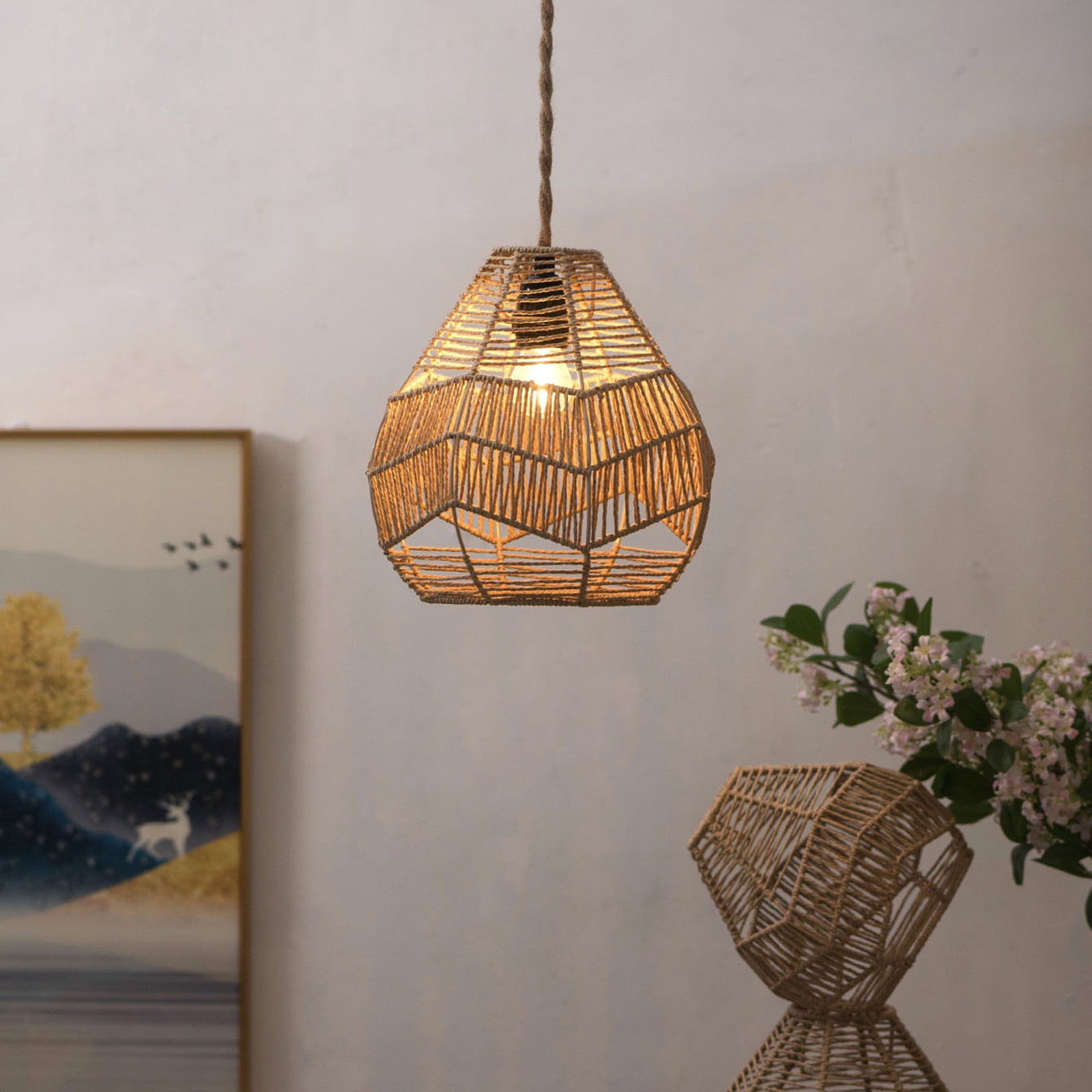 Vintage Hand-Woven Rattan Lamp Shade, Natural Boho Wicker Pendant Light Cover, Rustic Bamboo Ceiling Fixture for Dining Room, Bedroom, and Hallway, Farmhouse Lighting Decor