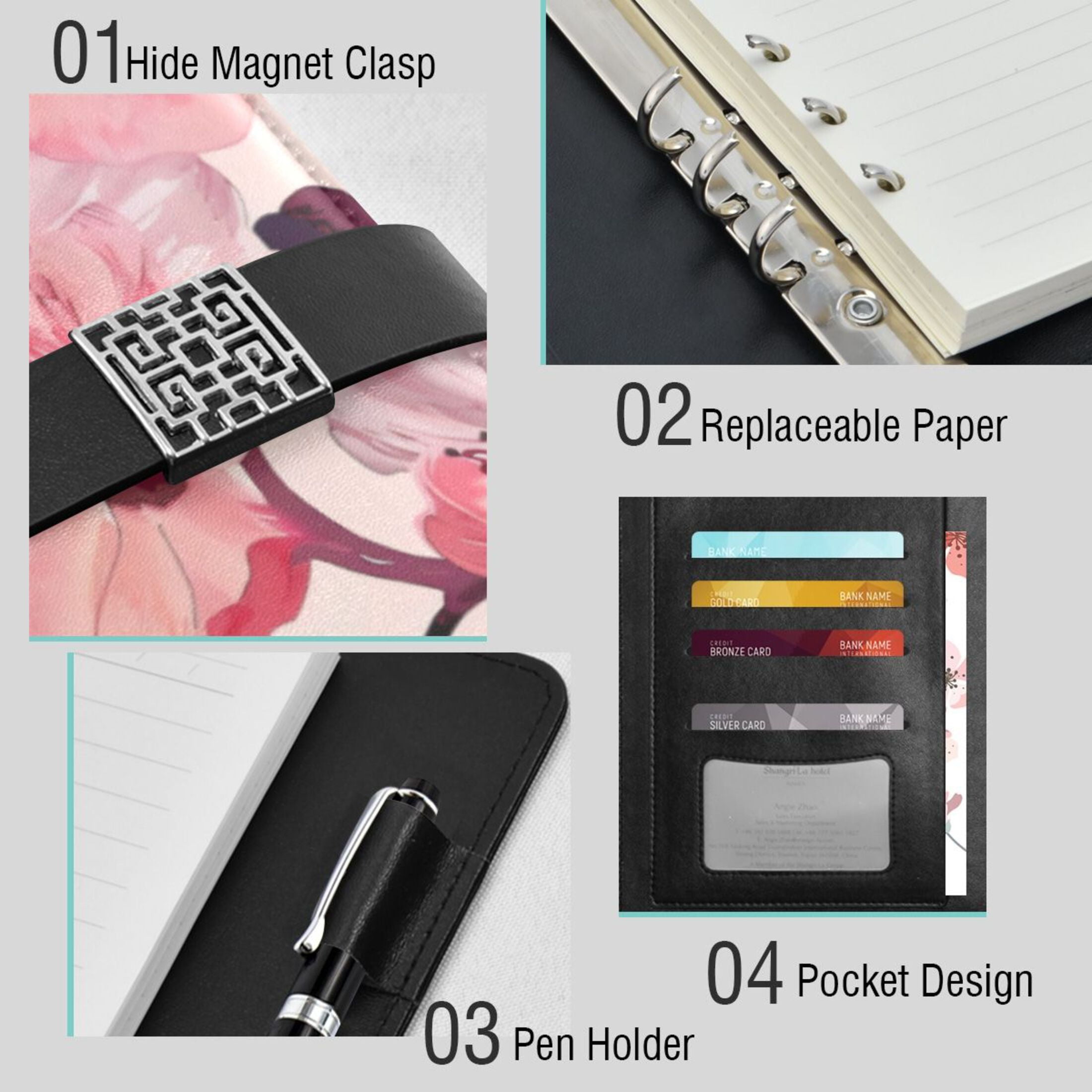 Leather Planner Leather Notebook Notebook Journal Binder Design Pen Pocket Design Convenient for Storage Large Pink Flowers
