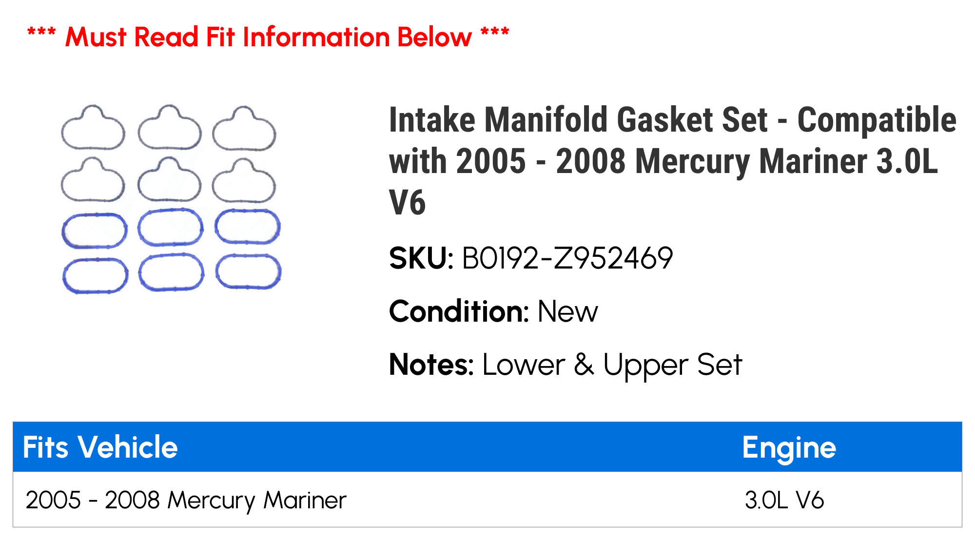 Intake Manifold Gasket Set - Compatible with 2005 - 2008 Mercury Mariner 3.0L V6 2006 2007
