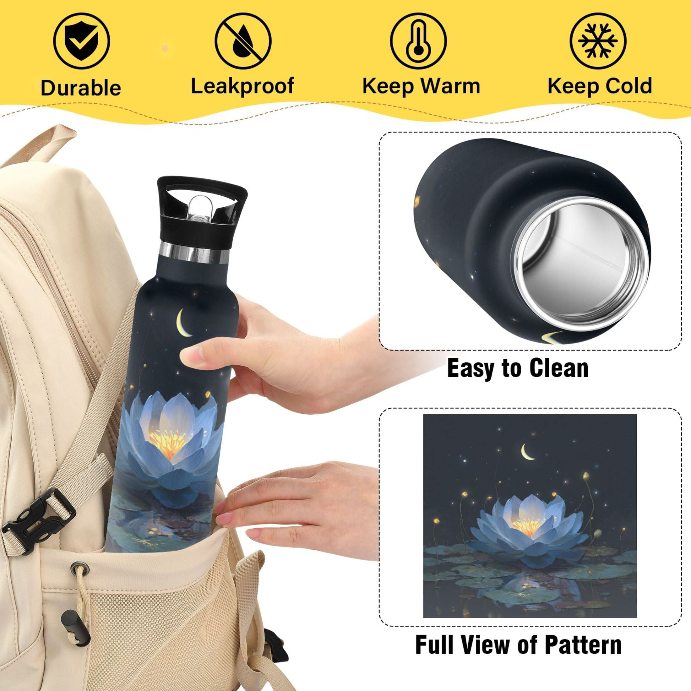 Kids Insulated Stainless Steel Sports Water Bottle 600ml (20oz) Serene Blue Lotus Flower