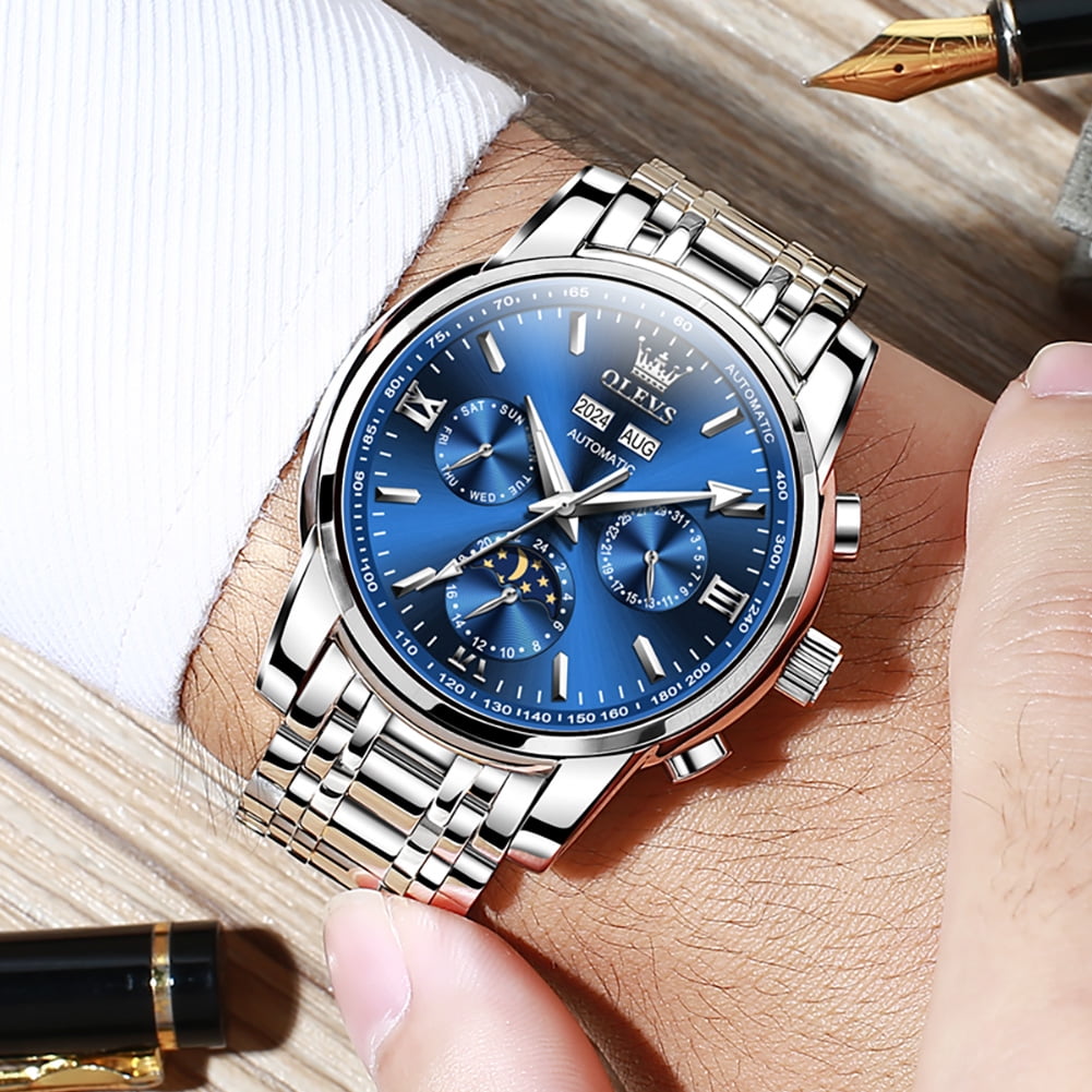 OLEVS Automatic Watches for Mens Self Winding Mechanical Multifunction Chronograph Luxury Business Dress Moon Phase Stainless Steel Waterproof Luminous Calendar Mens Wrist Watches Reloj Para Hombre