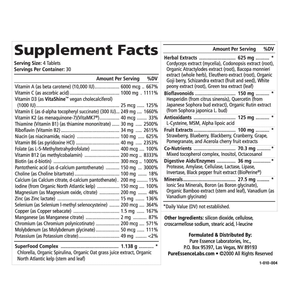 LifeEssence Multivitamin - Whole Food Supplement with Superfoods, Minerals, Enzymes, Vitamin D, D3, B12, Biotin by Pure Essence - 120 Tablets