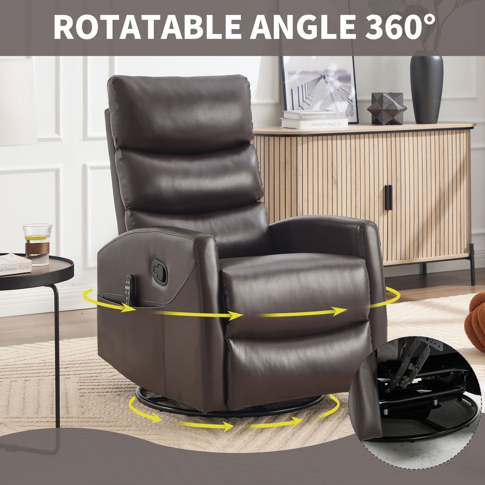 MAYEERTY 360 Degree Swivel Rocker Recliner Chair, Manual Recline Faux Leather Glider Chair with 8-Point Vibration Massage & Lumbar Heat, for Living Room Nursery Bedroom