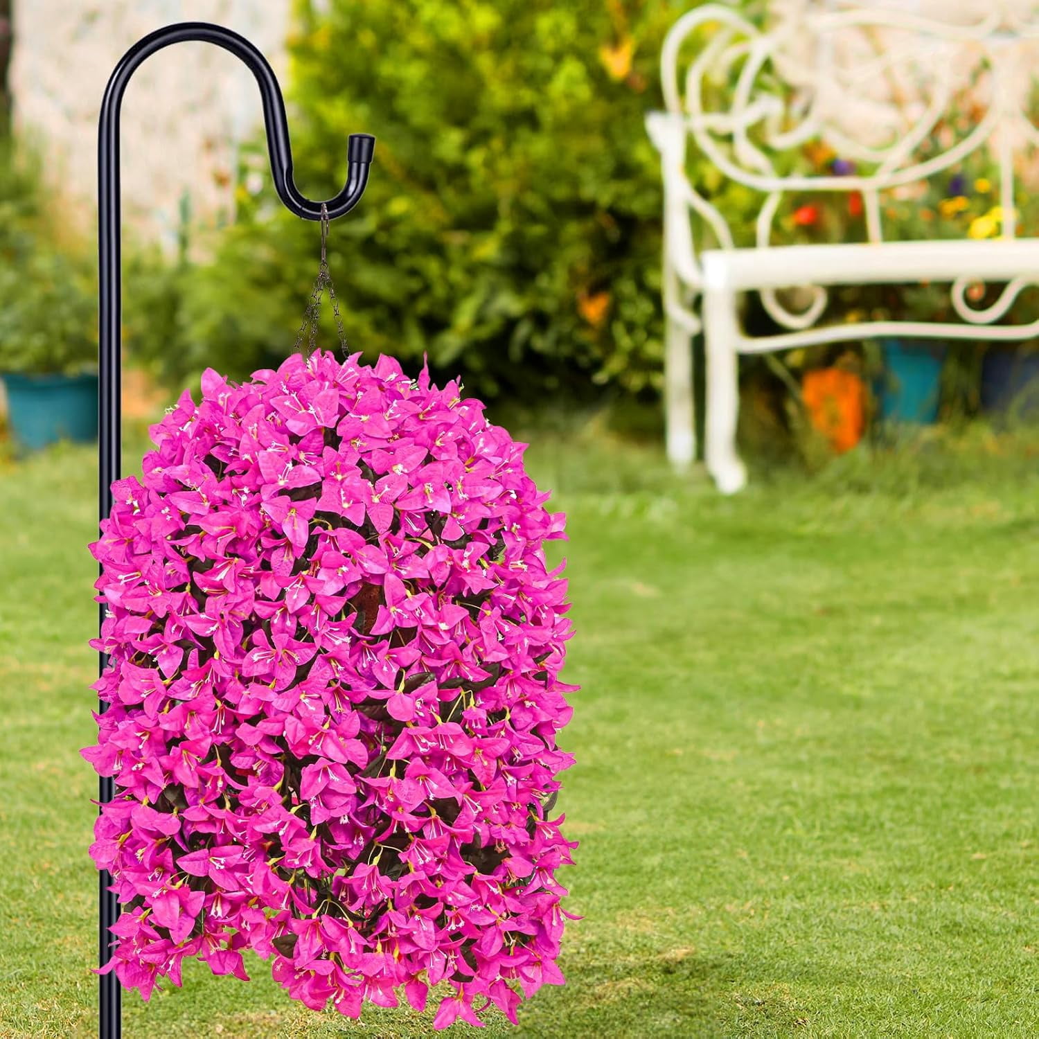 2Pcs UV Resistant Artificial Flowers for Outdoors, Realistic Faux Silk Bougainvillea Flowers, Fake Hanging Plants for Porch Patio Balcony Decoration (Purple)