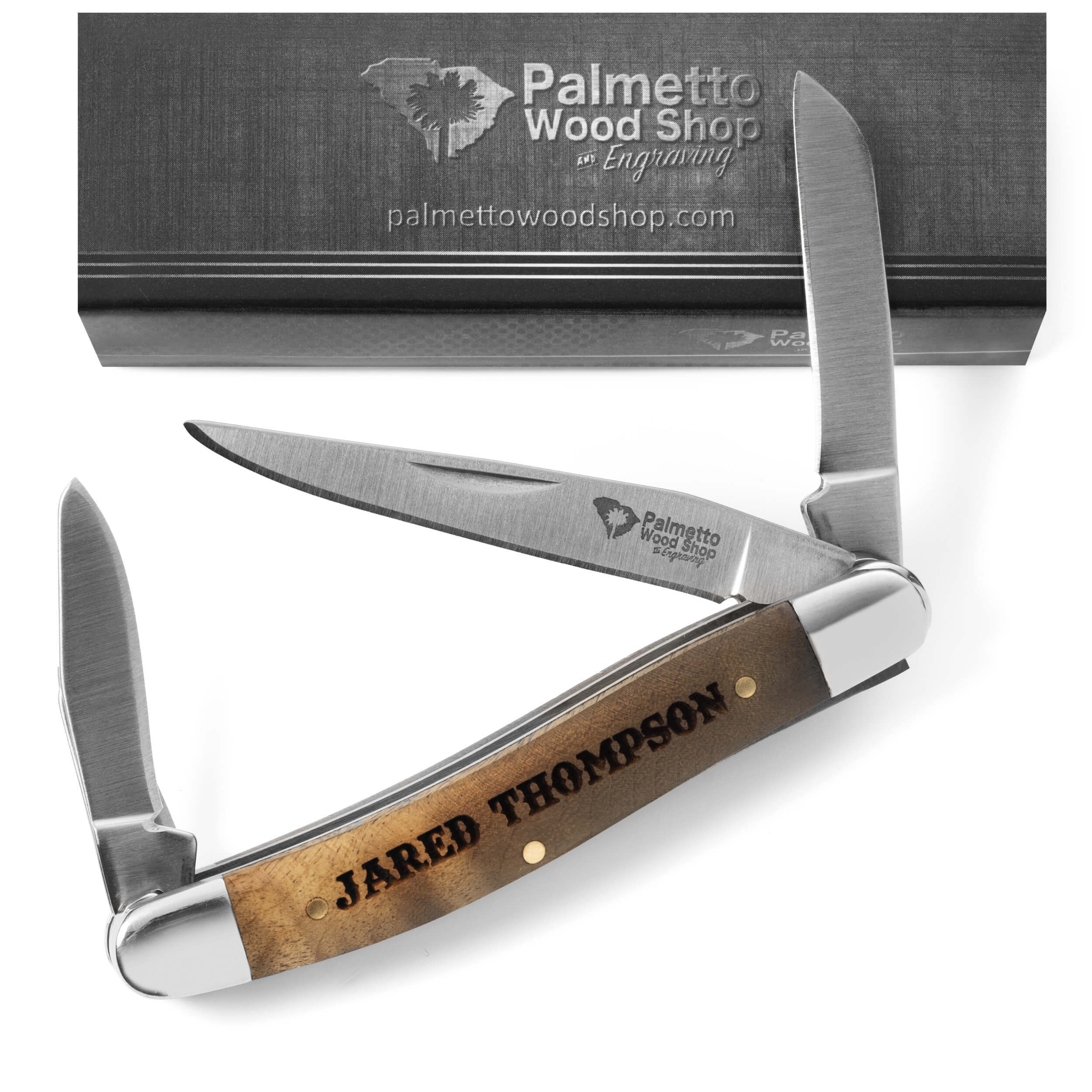 Palmetto Wood Shop Stockman Pocket Knife with Personalized Laser Engraved Wood Handle