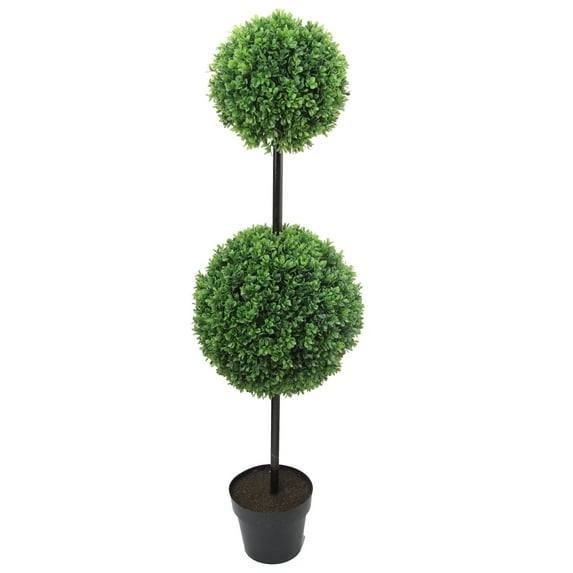 Admired By Nature 46" Tall Artificial Boxwood Double Ball Shaped Topiary Plant Tree in Plastic Pot, Green