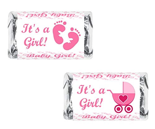 60 Pink Its a Girl Baby Shower Miniatures Candy Bar Wrapper, Baby Shower Miniatures Candy Bar Stickers Decorations, Candy Not Included