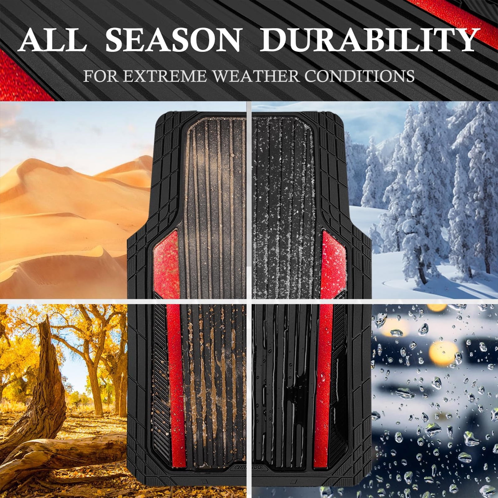 CAR GRAND Heavy Duty Rubber Car Floor Mats, Deep Dish Car Mats All Weather, Universal Trim-to Fit Automotive Floor Mats for Car SUV Truck Van, Durable Floor Liners waterproof anti-slip Black Red