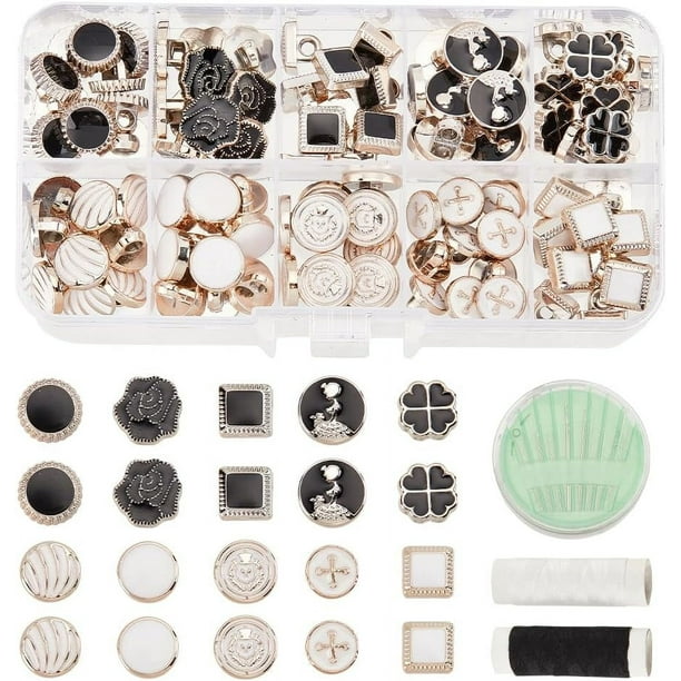 100 botones de perla, 10 estilos diferentes, botones retro de plástico con vástago de perla, con aguja e hilo para manualidades de costura.