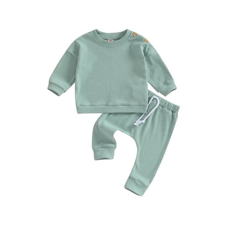 

Qtinghua 2Pcs Infant Baby Girl Boy Fall Outfits Long Sleeve Solid Color Ribbed Sweatshirt and Pants Clothes Green 12-18 Months