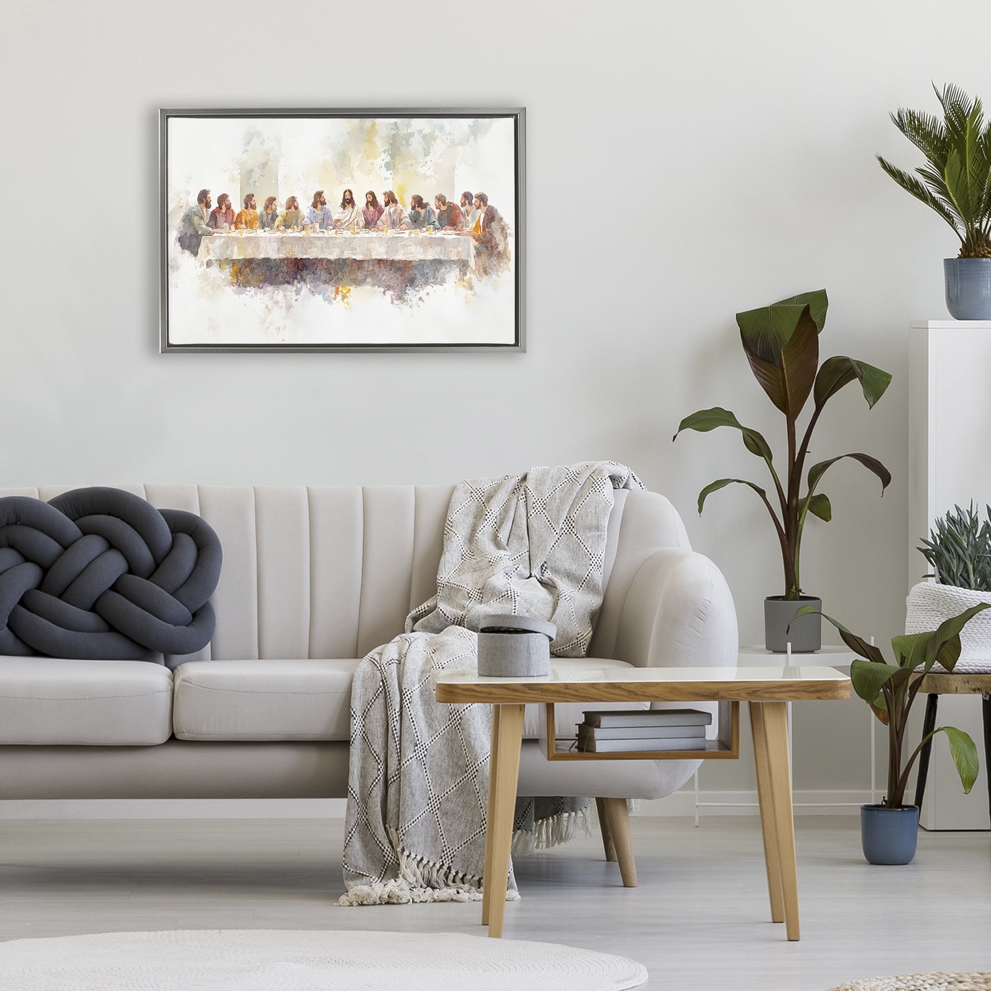 Stupell Industries Watercolor Supper Spirituality Gray Framed Floater Canvas Wall Art, design by Petal Prints Design
