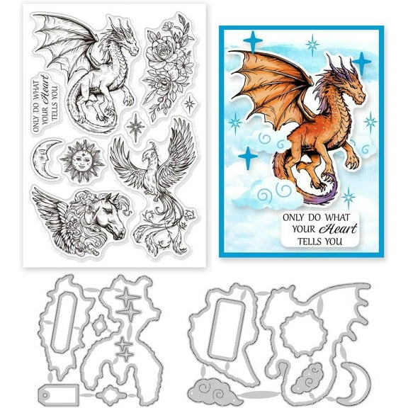 Magic Dragon Phoenix Clear Stamps and Cutting Dies Silicone Clear Stamps Cards and Metal Die Cuts for DIY Card Making and DIY Embossing Scrapbooking