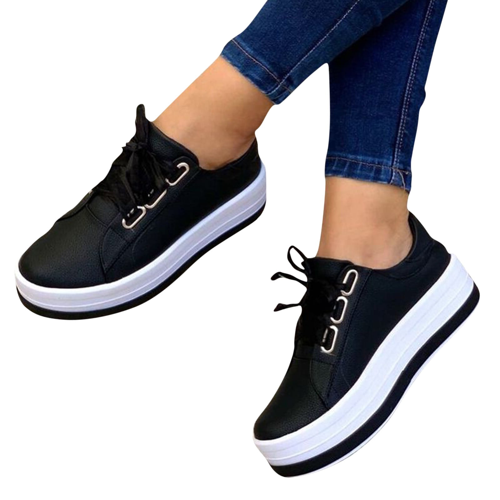 YOTAMI Womens Sneakers Casual Sports Shoes, Fashion Shoes Round Toe Thick  Heels Lace-up Casual Lightweight Spring Casual Walking Sneakers Fashion  Lightweight Running Shoes Black  