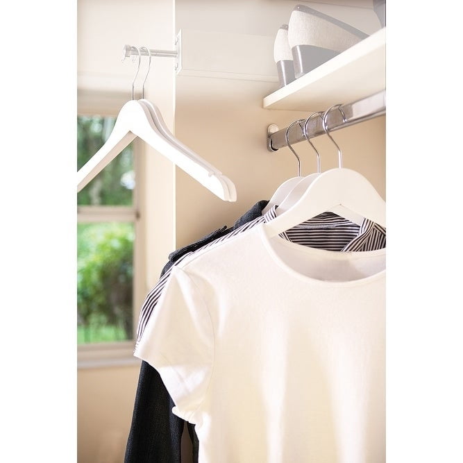 White Wood Top Hanger, Box of 100 Space Saving 17 Inch Flat Wooden Hangers w/ Chrome Swivel Hook & Notches for Shirt Jacket or Dress by International Hanger