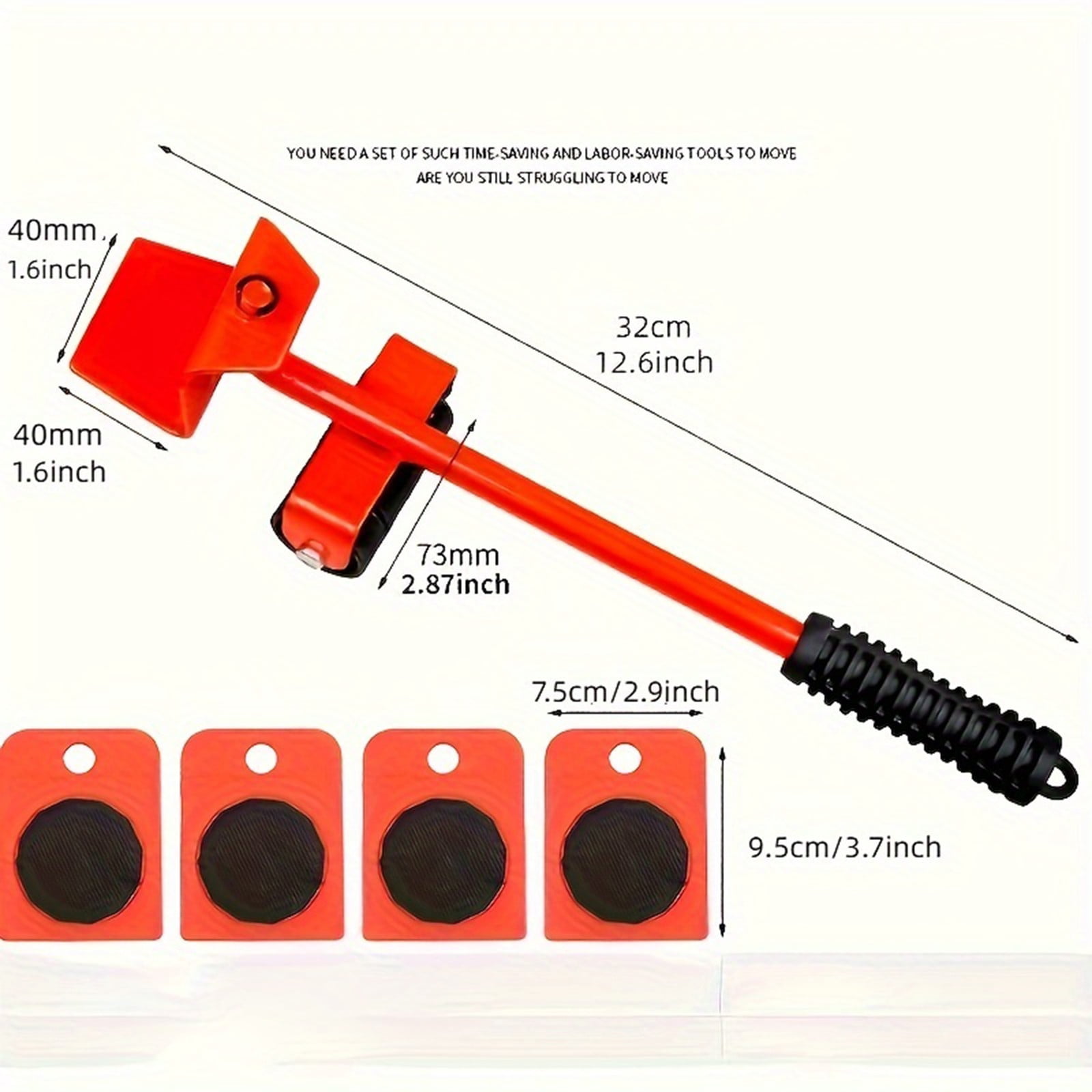 Furniture Moving Tool, Heavy Object Mover with 4 Casters and 1 Pry Bar, Red, for Moving Sofas Beds Refrigerators - Heavy Duty Furniture Lifter with Universal Wheels, for Home Office Warehouse - 1 Set