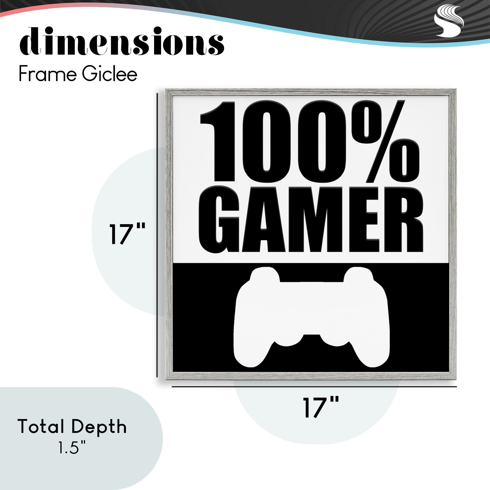 100% Gamer Black & White Gray Framed Giclee Art, design by Kim Allen