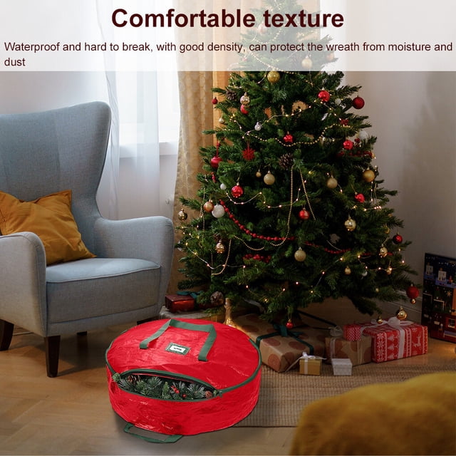 Sac de Couronnes de Noël des Fêtes Double Artificiel Rond Guirlandes des Fêtes Imperméable Contenant de Rangement Poignée Décoratif Saisons Jouets Maison Rouge