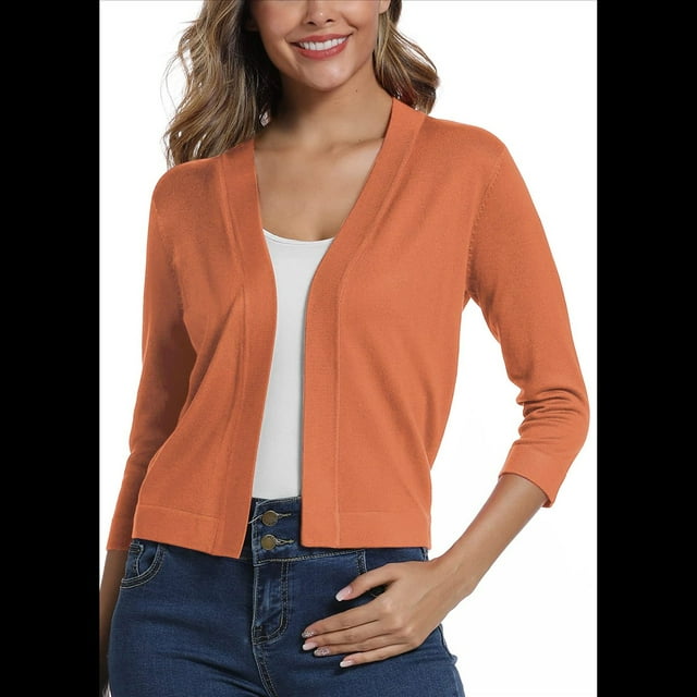 Suéter Tipo Cárdigan Corto de 3/4 para Mujer, Elegante, Color Naranja, Talla L