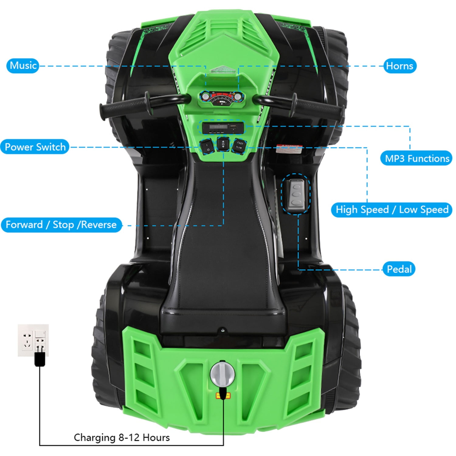 CIPACHO 12V ALL Terrain Vehicle Dual Drive Battery Kids Ride On Cars without Remote Control with Slow Start, Green