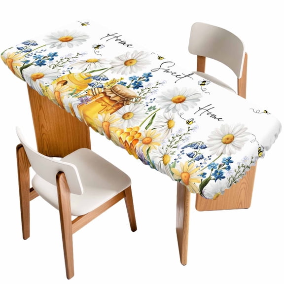 White Daisy Table Cloths for 8 Foot Rectangle Tables, Spring Floral Elegant Farmhouse Botanical Bees Patio Waterproof Elastic Fitted Tablecloths, Washable Rectangular Table Cover for Camping