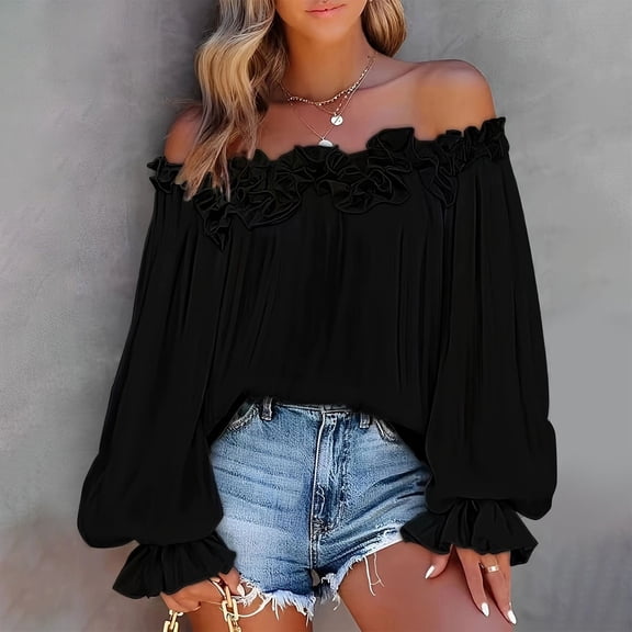 Babysbule Womens Tops Casual Loose Women's Summer Casual Solid Long Sleeve Off-The-Shoulder Tops Loose Blouses On Outfit