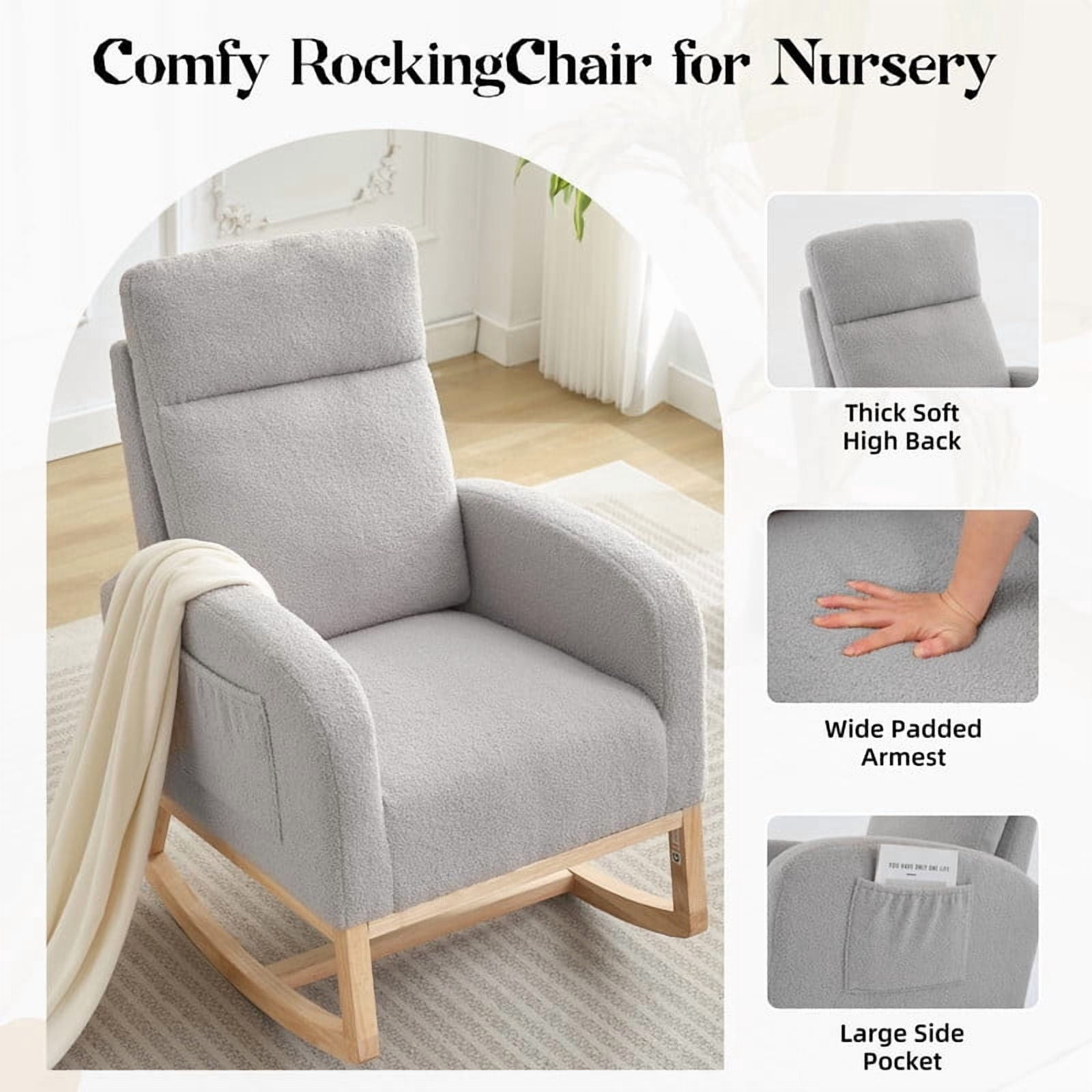 TROPOW Nursing Rocking Chair, Modern Upholstered Glider Rocker with High Back & Side Pocket for Nursery, Breastfeeding, Living Room & Bedroom