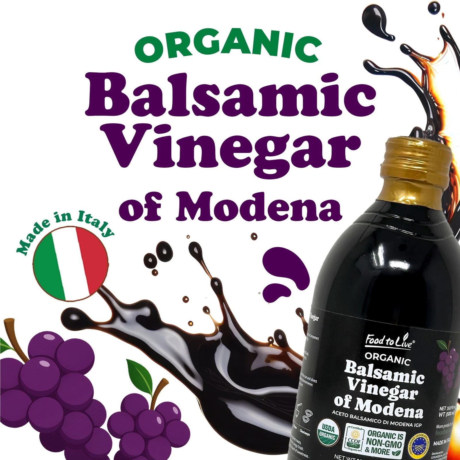 Organic Balsamic Vinegar of Modena, 500 ml – Non-GMO, Vegan (Pack of 3) - by Food To Live