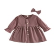 thumbnail image 1 of Toddler Girls 2Pcs Fall Outfits  Cute Long Sleeve V Neck Button Down Dress with Hair Bow Set, 1 of 7
