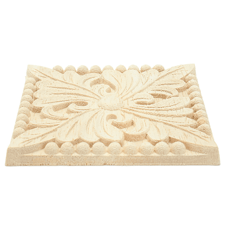 4-Pack Woodcarving Decal Appliques - Unpainted Checkered Flower Pattern Square Carvings For Cabinet, Furniture, Or Door Decoration