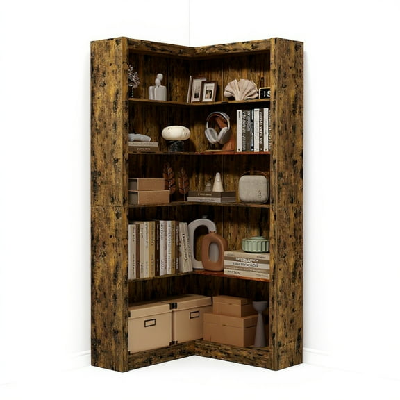 Garvee Farmhouse 5 Tier L-Shaped Corner Bookshelf, 31.5" x 31.5" x 71.8", Retro Brown