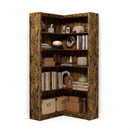 Garvee Farmhouse 5 Tier L-Shaped Corner Bookshelf 31.5 x 31.5 x 71.8 Retro Brown