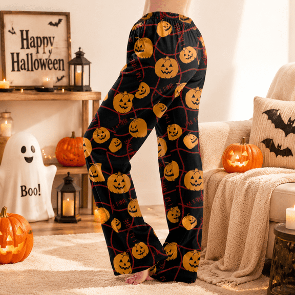 Halloween Pajama Pants Soft Sleep Bottoms, Funny Print Wide Leg Fall Pajamas Casual Elastic Waist Lounge Pants