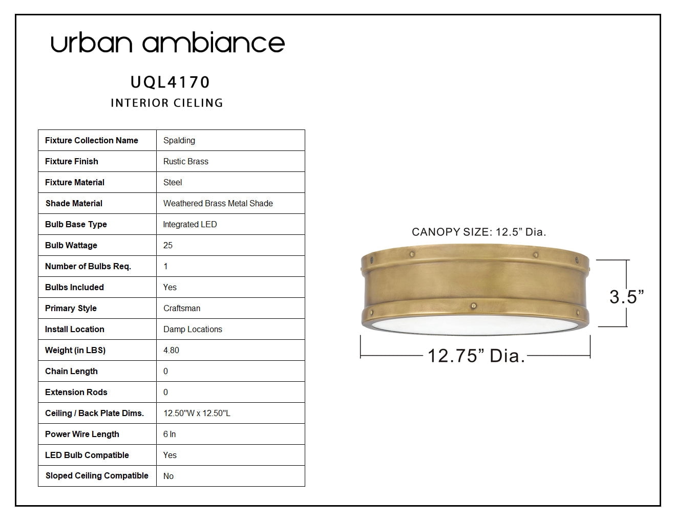 Luxury Craftsman Indoor Ceiling Light, 3.50''H x 12.75''W, with Vintage Style Elements, Antique Design, Rustic Brass Finish and Weathered Brass Steel Shade, UQL4170