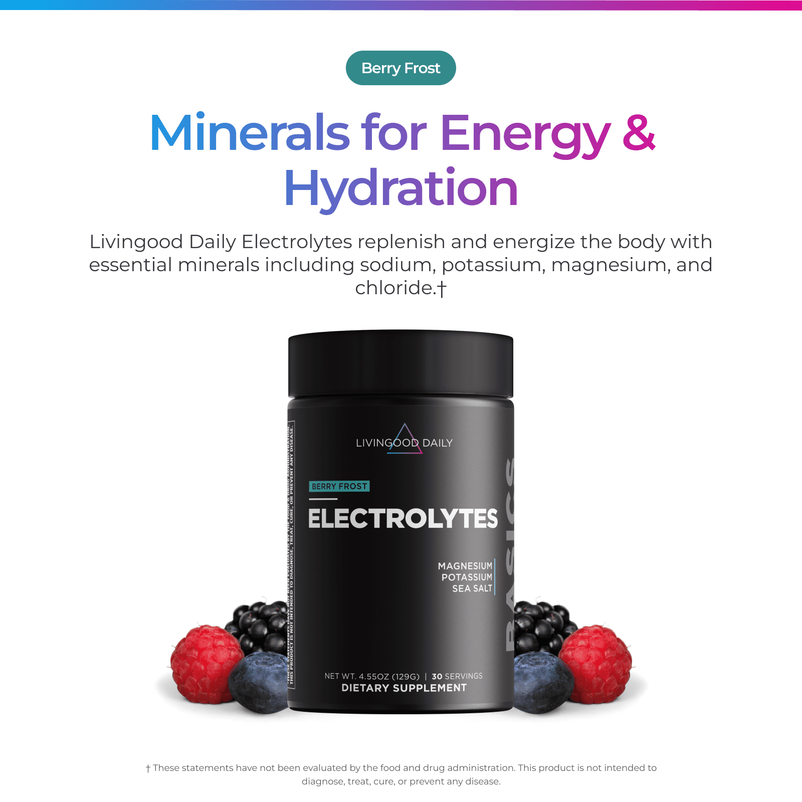 Livingood Daily Electrolytes Powder, Electrolytes Hydration Drink Mix With Vitamin C, Magnesium, Taurine & Sea Salt, Electrolyte Supplement For Energy & Hydration, Keto, Berry Frost Flavor, 30 Srvgs
