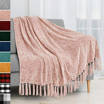 PAVILIA Chenille Tassel Fringe Throw Blanket Velvety Texture Decorative Throw for Sofa Couch Bed Soft Silky Cozy Lightweight Knitted Throw Blush Pink 50 x 60 Inches in Bahrain at BHD 30 Rating 5