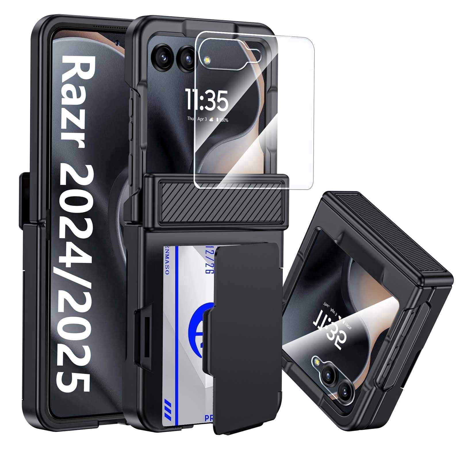 Vizvera for Motorola Razr 2026/Razr 2025/Razr 2024 Phone Case with Card Holder [RFID Blocking],Hinge Protection,Screen Protector Shockproof Case-Black