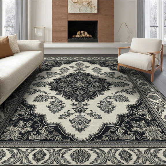 ODIKA 8'x10' Washable Area Rug Non-Slip Chair-Friendly Mat Oushak Decorative Inspired Refined Scrolls Balanced Ornate Motifs for Dining Room, Large Office, Lounge