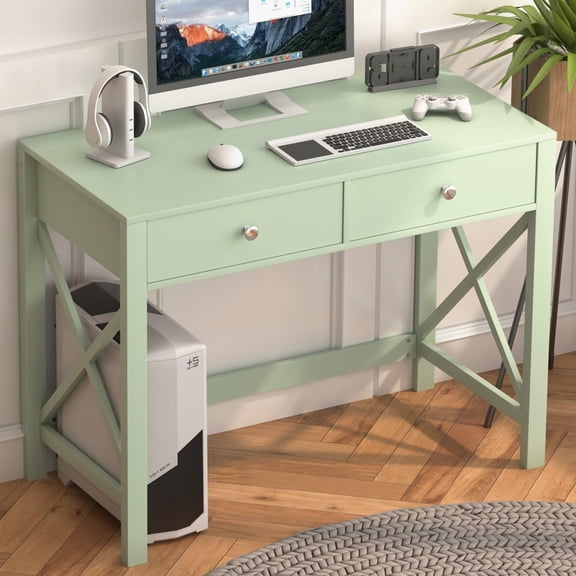 Modern Home Office Desk with Storage, Small Writing Computer Desk for Bedroom, Study Table for ,Makeup Vanity Table with Drawers, Green