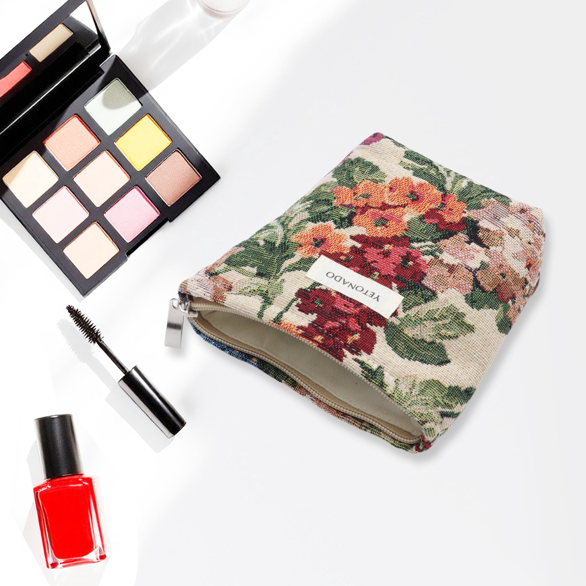 Unique Bargains 1 Pc Versatile Flower Handheld Makeup Bag Beige Small